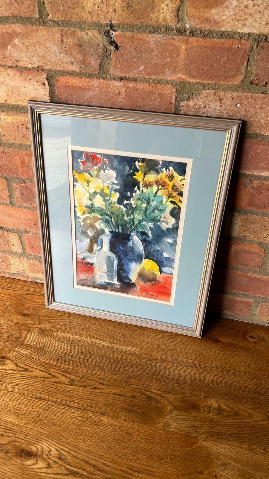 Original Mid Century Watercolour Still Life Floral Painting   The Blue Vase photo vintage