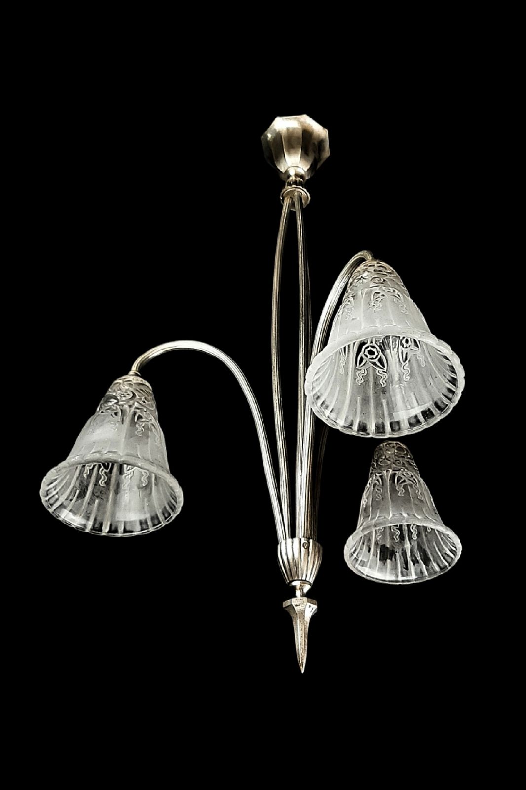 photo for sale A. Boyreau Art Deco Chandelier Superb Glass, Stylish Fixture French C 1920s