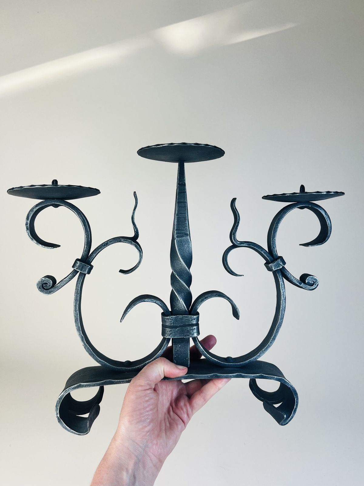 Large 3 Candle Wrought Iron Candle Holder, Altar Candle Holder, Brutalist Gothic, Rustic Candelabra From Switzerland photo for sale