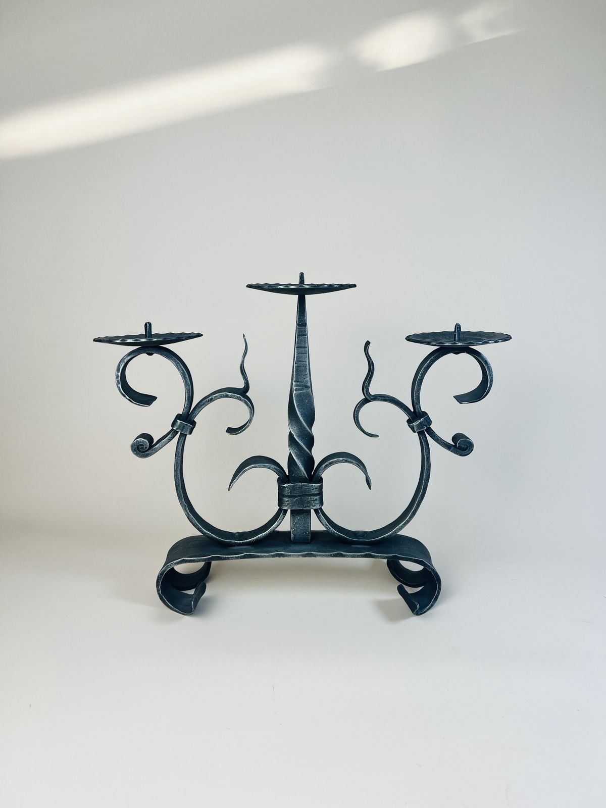 Large 3 Candle Wrought Iron Candle Holder, Altar Candle Holder, Brutalist Gothic, Rustic Candelabra From Switzerland photo vinterior