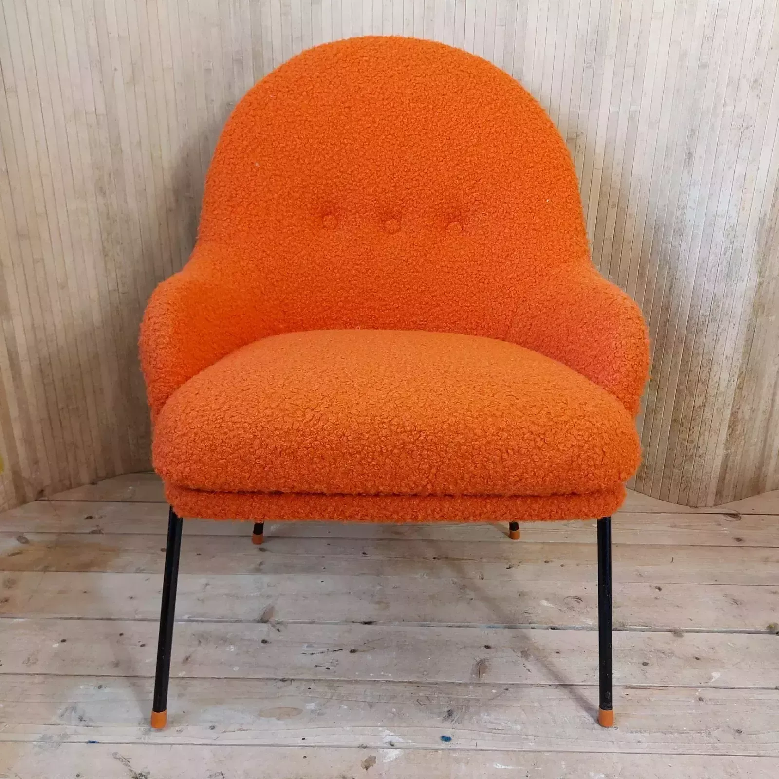 Fab Vintage Mid Century Teak Toothill Style Side Tub Chair Neon Orange Boucle photo for sale