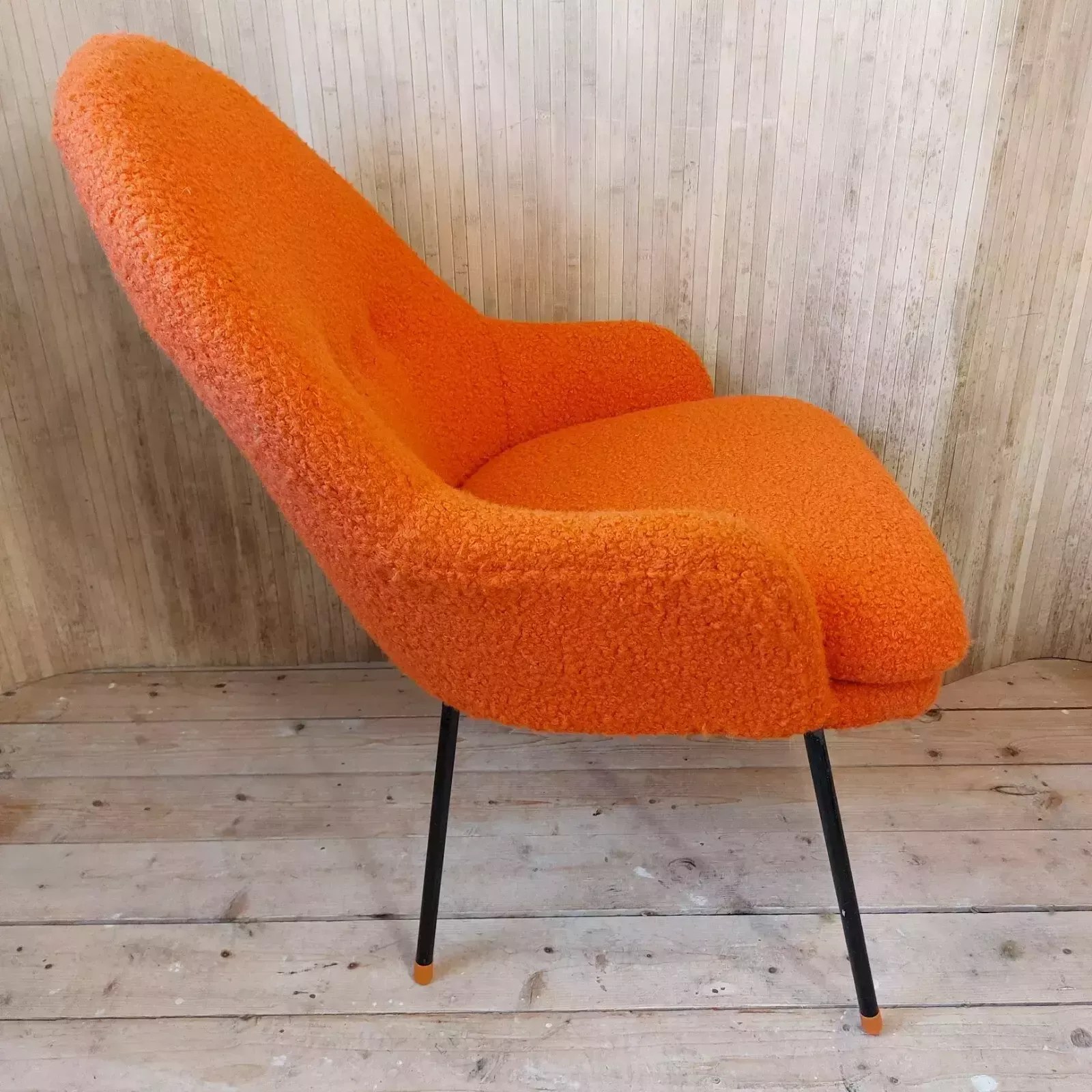 photo for sale Fab Vintage Mid Century Teak Toothill Style Side Tub Chair Neon Orange Boucle