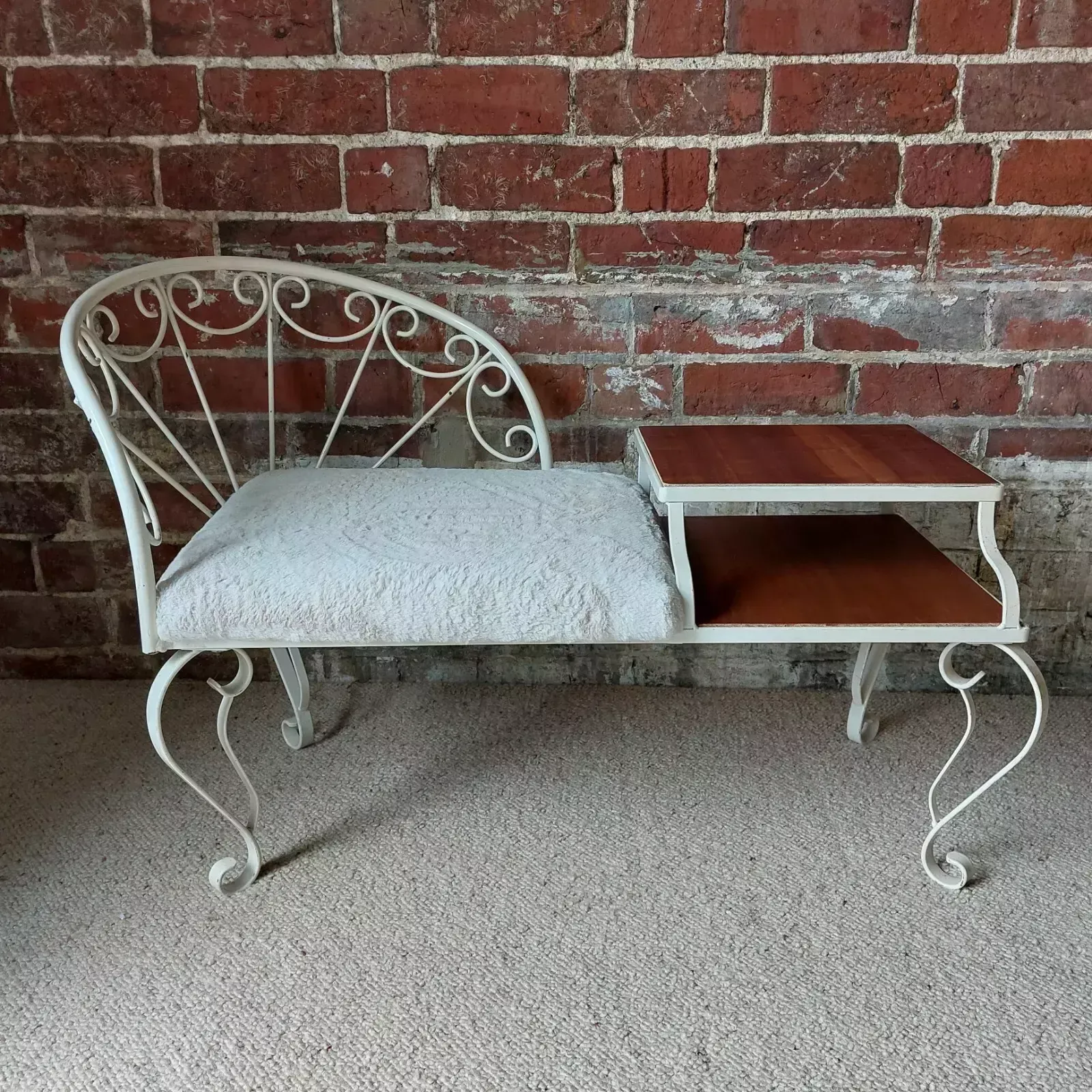Fab Vintage Retro Mid Century Metal Telephone Table Seat Off White Faux Fur Teak photo furniture