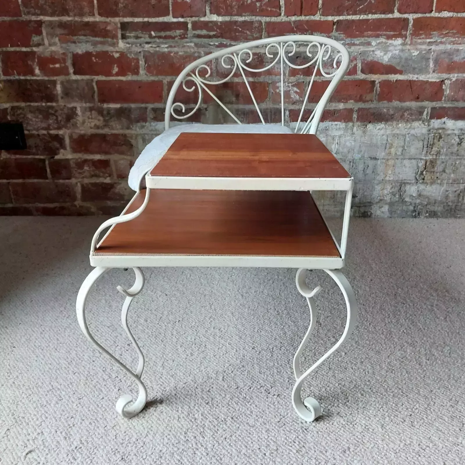 Fab Vintage Retro Mid Century Metal Telephone Table Seat Off White Faux Fur Teak photo vintage