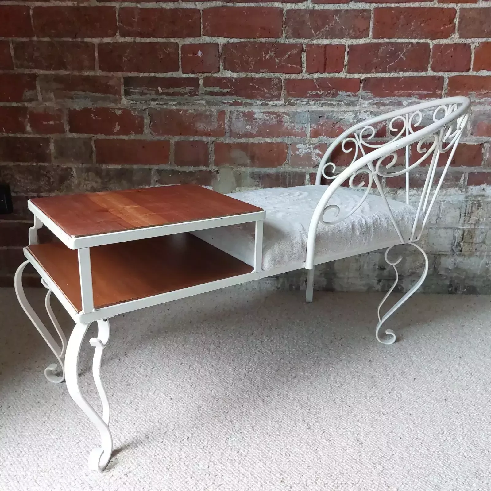 Furniture Fab Vintage Retro Mid Century Metal Telephone Table Seat Off White Faux Fur Teak photo