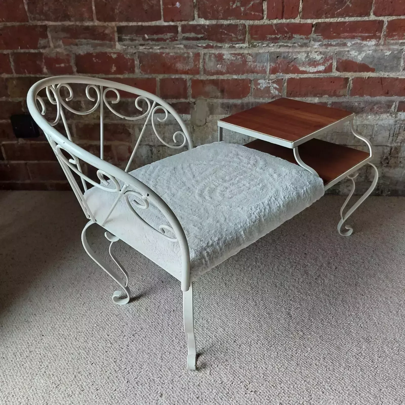 photo buy Fab Vintage Retro Mid Century Metal Telephone Table Seat Off White Faux Fur Teak