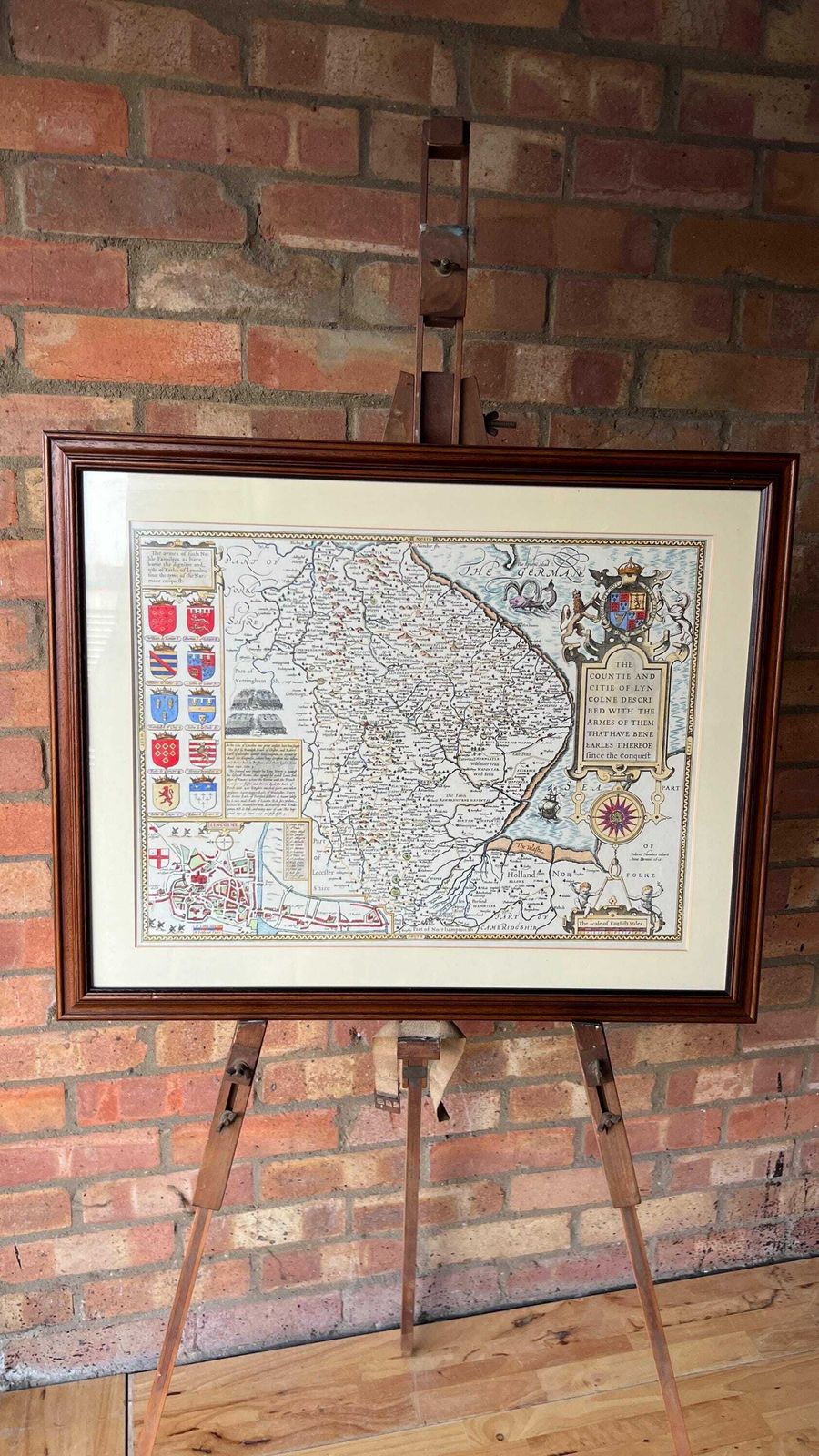 17th Century Lincolnshire   “The Countie And Citie Of Lyncolne” Map   1900’s Hand Coloured Reproduction photo furniture