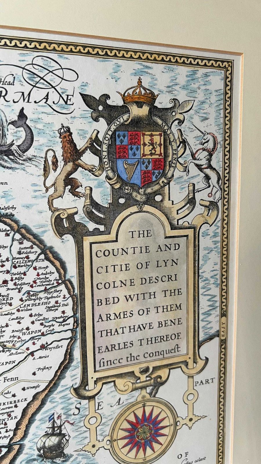 17th Century Lincolnshire   “The Countie And Citie Of Lyncolne” Map   1900’s Hand Coloured Reproduction photo vinterior