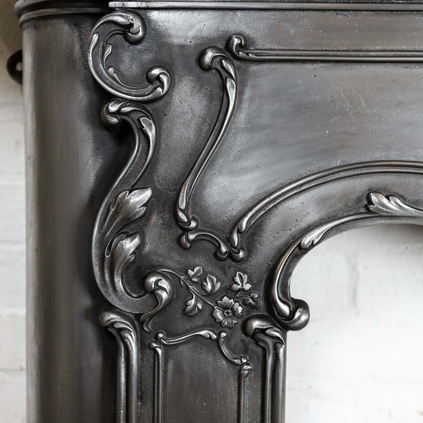 Antique Art Nouveau Ornate Polished Cast Iron Fireplace Surround photo for sale