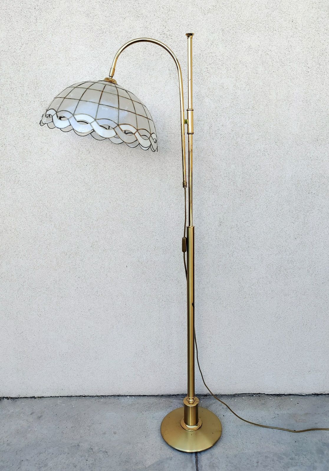 Mid Century Modern Floor Lamp Done In Brass With Capiz Shell Shade // Made In West Germany In 1970s photo for sale