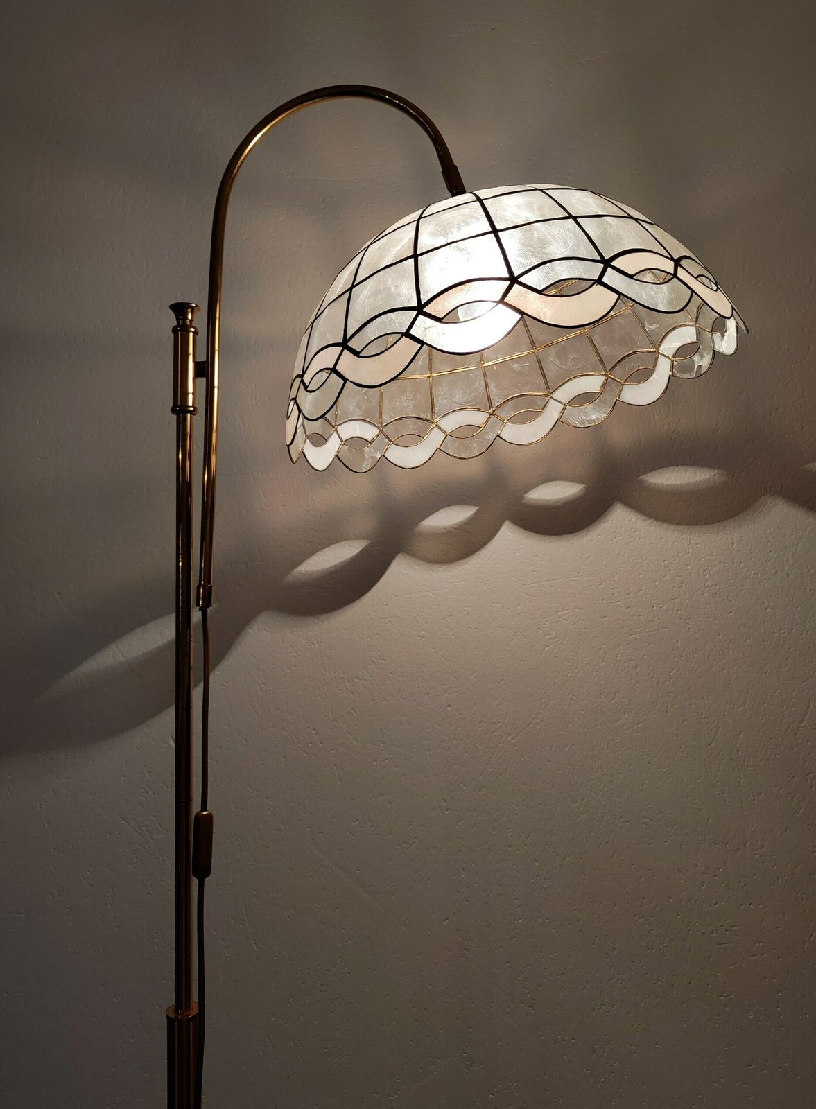 Mid Century Modern Floor Lamp Done In Brass With Capiz Shell Shade // Made In West Germany In 1970s photo Lighting