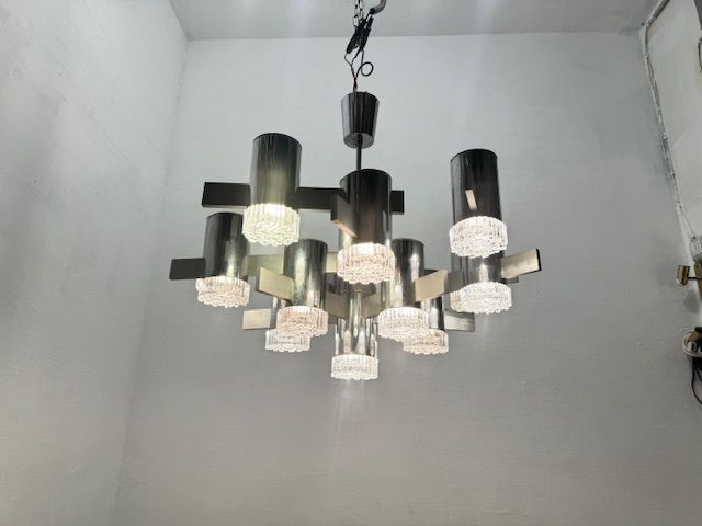Large Italian Midcentury Chrome Crystal Chandelier 15 Lights photo vinterior