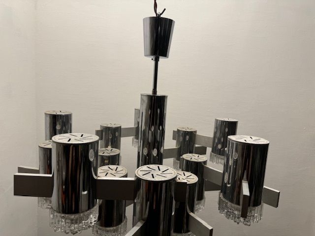photo for sale Large Italian Midcentury Chrome Crystal Chandelier 15 Lights