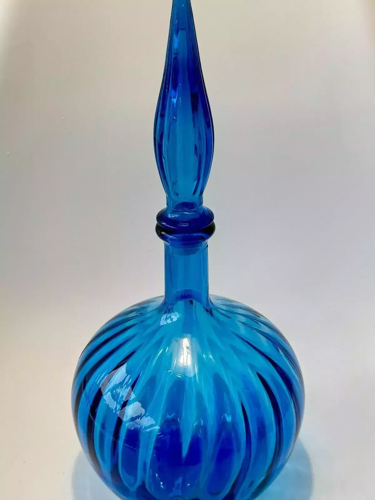 Stunning 1960’s Blue Empoli Glass Onion Shaped Genie Bottle Made In Italy photo vintage