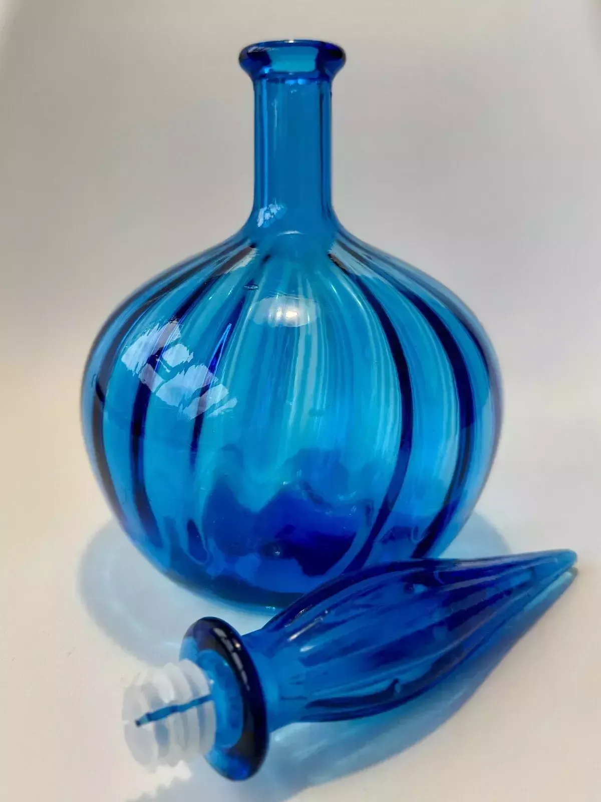 Home Decor Stunning 1960’s Blue Empoli Glass Onion Shaped Genie Bottle Made In Italy photo