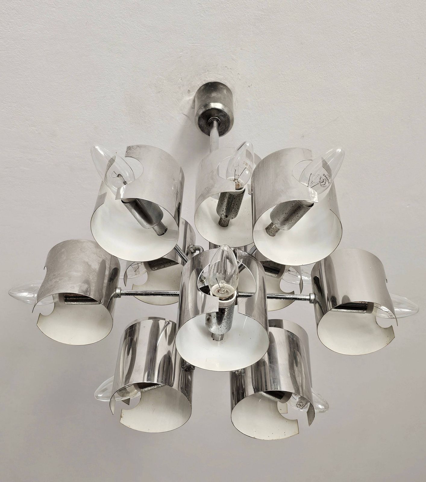 Minimalist Space Age 12 Arm Cubic Chandelier By Gaetano Sciolari Shaped As An Atom // Made In Italy In 1970s photo vintage