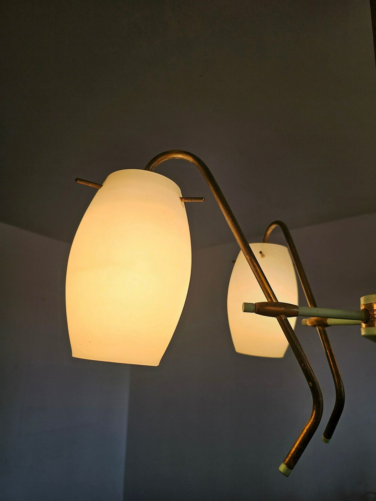 Very Rare 5 Arm Chandelier By Stilux Milano With Opaline Glass Shades // Made In Italy In 1950s photo vinterior
