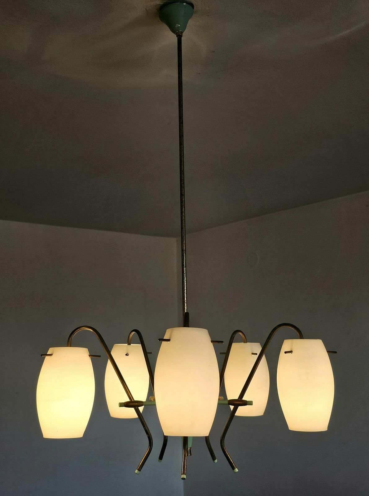 photo for sale Very Rare 5 Arm Chandelier By Stilux Milano With Opaline Glass Shades // Made In Italy In 1950s