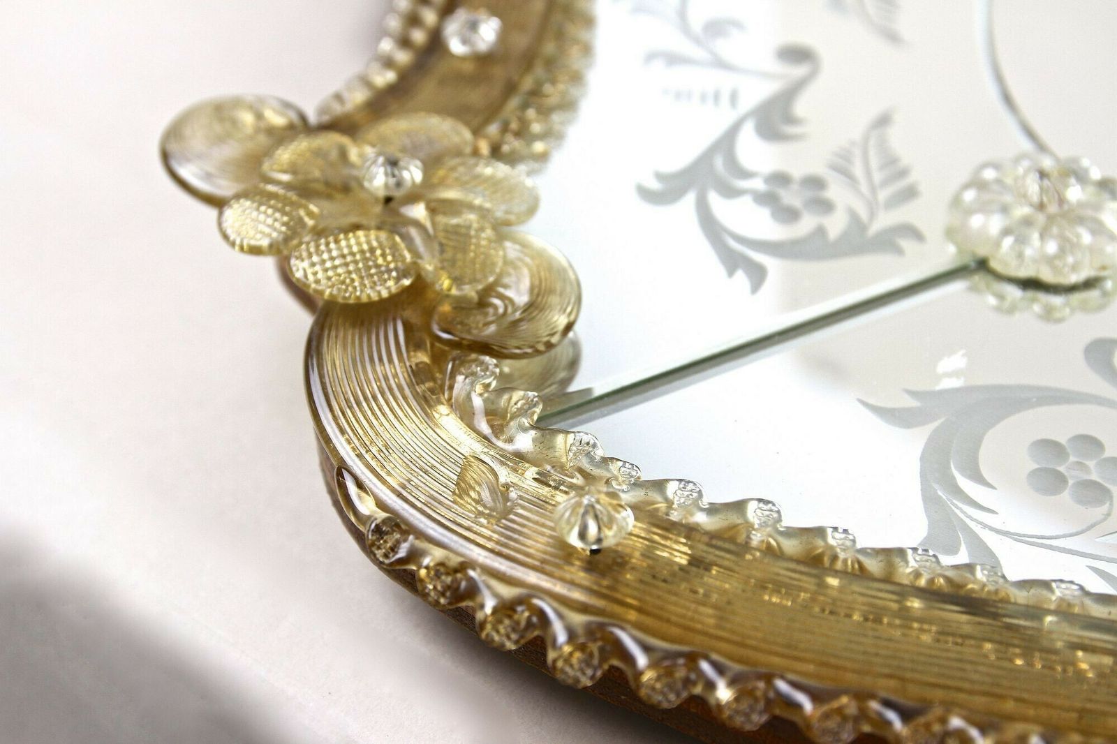Mid Century Murano Glass Wall Mirror With Gilt Glass Flowers, It Ca. 1950 photo vintage