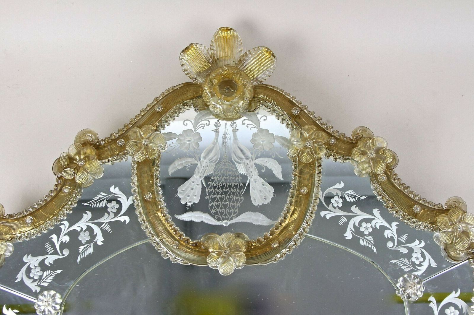 photo furniture Mid Century Murano Glass Wall Mirror With Gilt Glass Flowers, It Ca. 1950