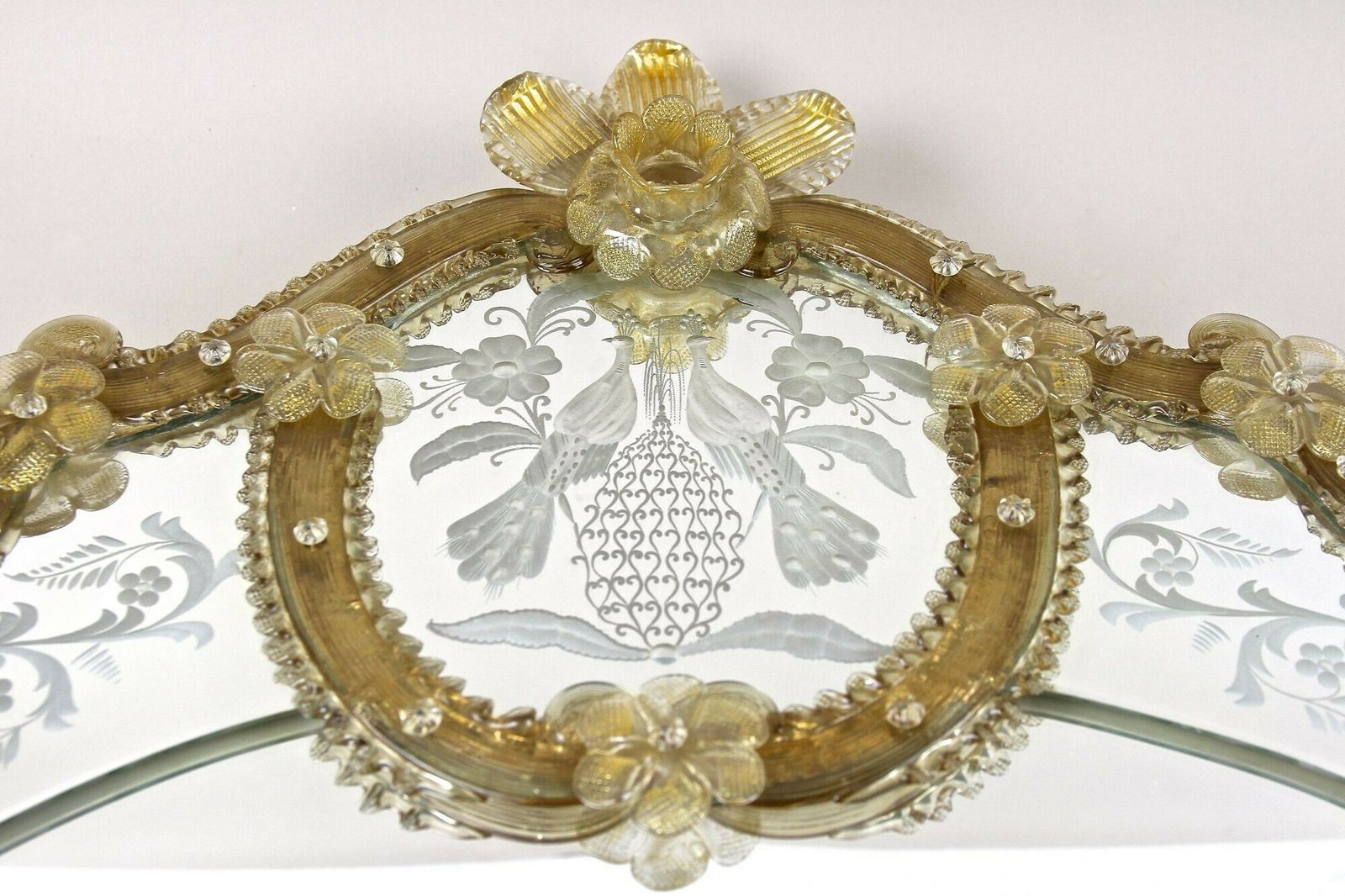 3850.0 Mid Century Murano Glass Wall Mirror With Gilt Glass Flowers, It Ca. 1950 photo