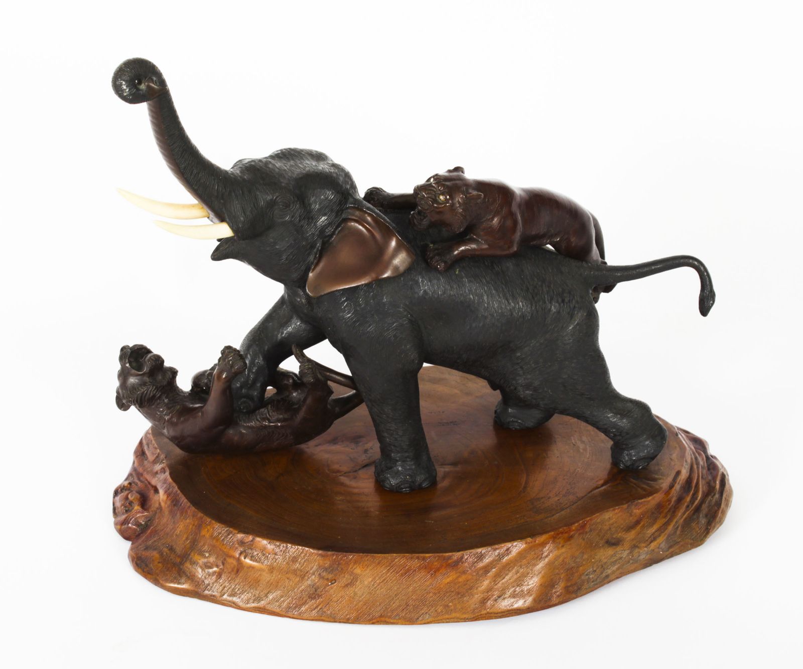 Antique Large Japanese Bronze Elephant & Tigers  Meiji Period  19th C