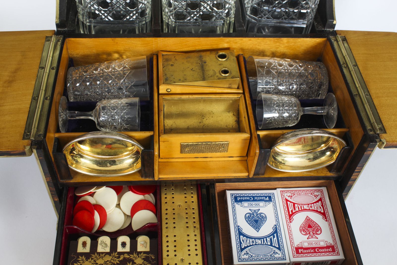 Antique Victoran Coromandel Three Crystal Decanter Tantalus & Games Circa 1870 photo vintage
