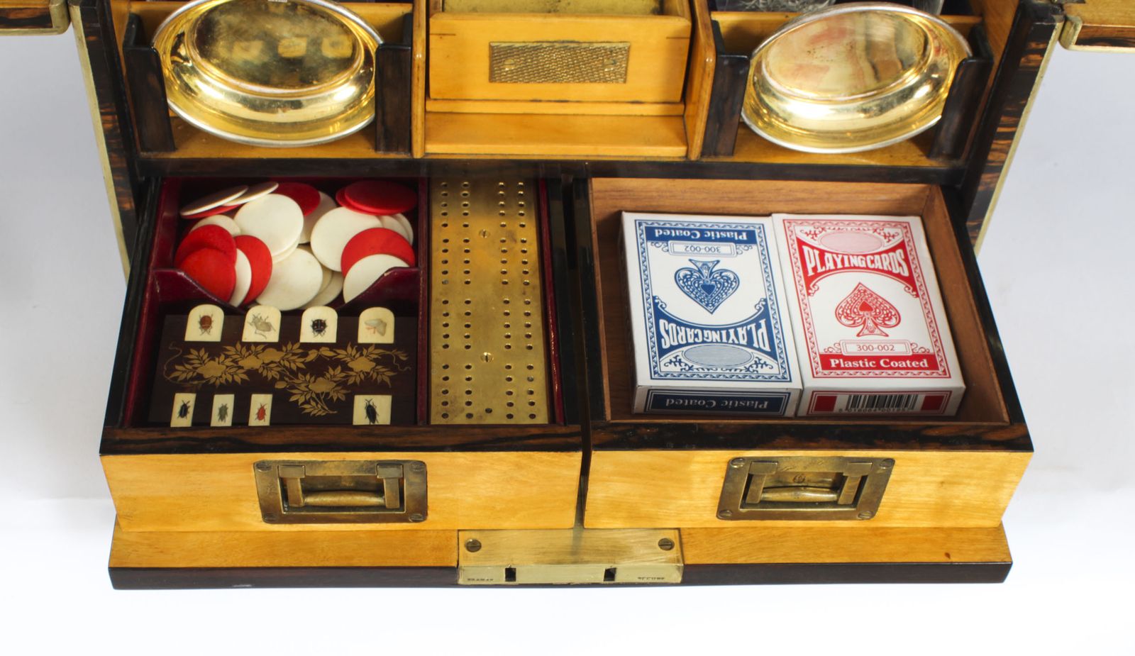 photo furniture Antique Victoran Coromandel Three Crystal Decanter Tantalus & Games Circa 1870
