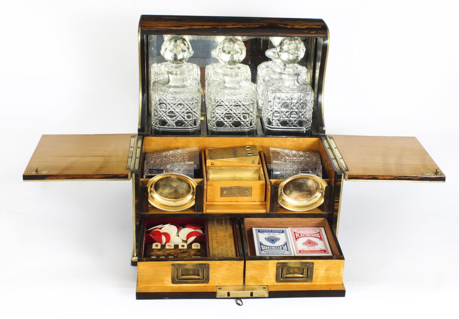 photo for sale Antique Victoran Coromandel Three Crystal Decanter Tantalus & Games Circa 1870