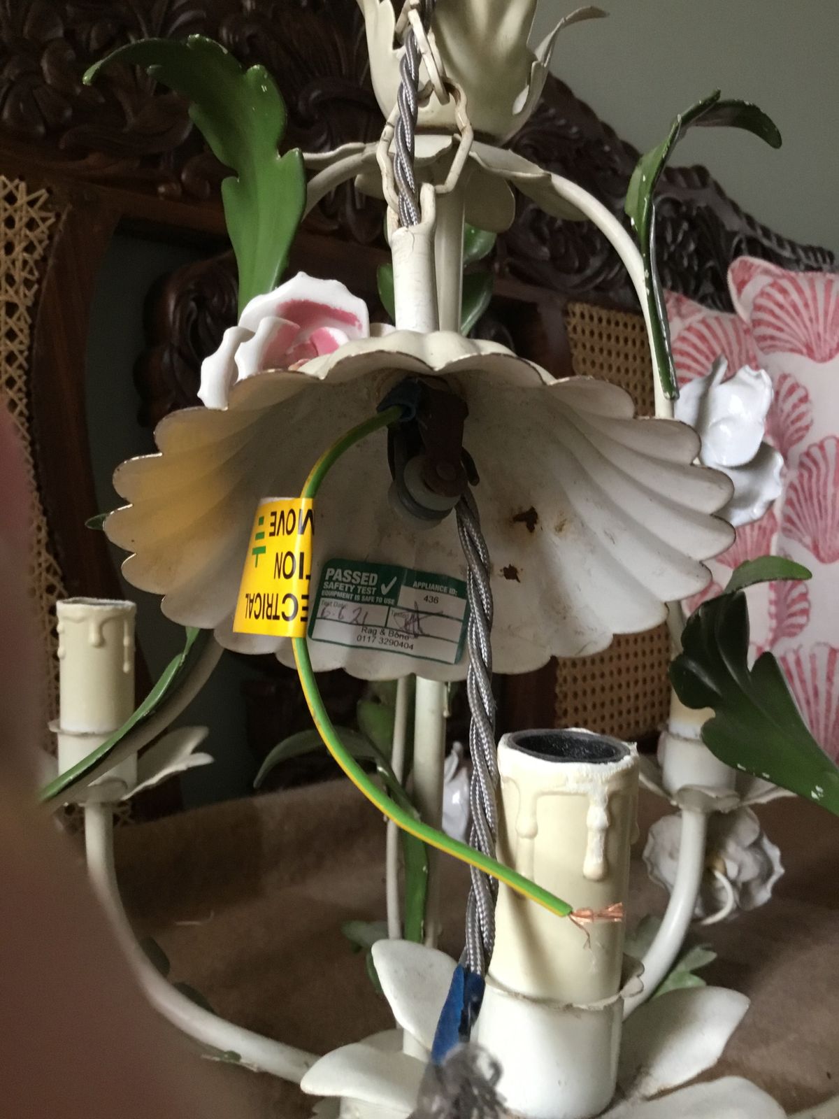 Italian Tole Peinte Chandelier With Porcelain Roses photo for sale