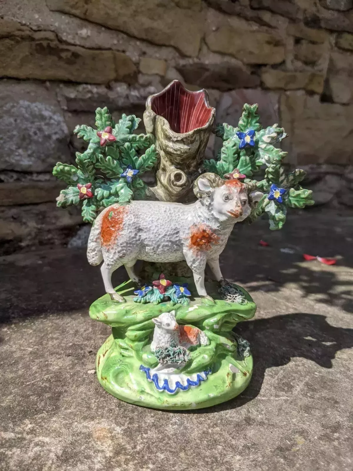 Antique Staffordshire Pottery   Walton   Pearlware Sheep & Lamb Spillholder photo vinterior