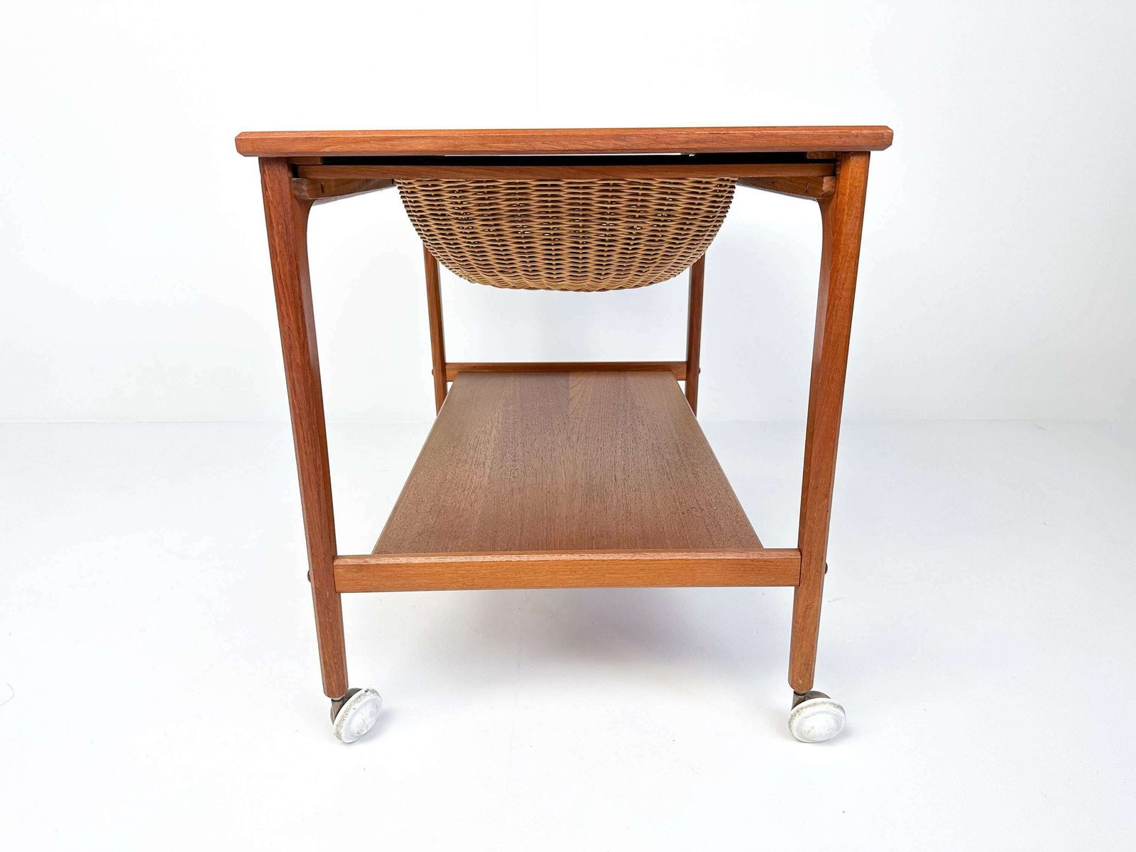 Mid Century Teak Sewing Table Or Bar Cart With Slide Out Basket photo buy