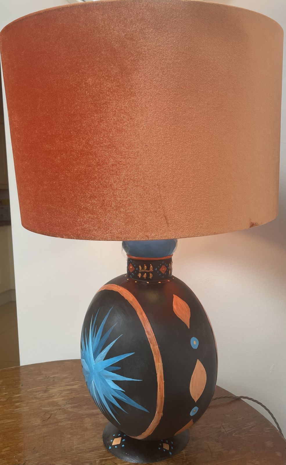 Hand Painted Metal Lamp By Elizabeth Van Amerongen, With Orange Shade photo furniture