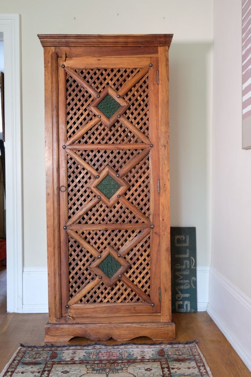 Linen Cupboard With Lattice Work & Green Glass photo furniture