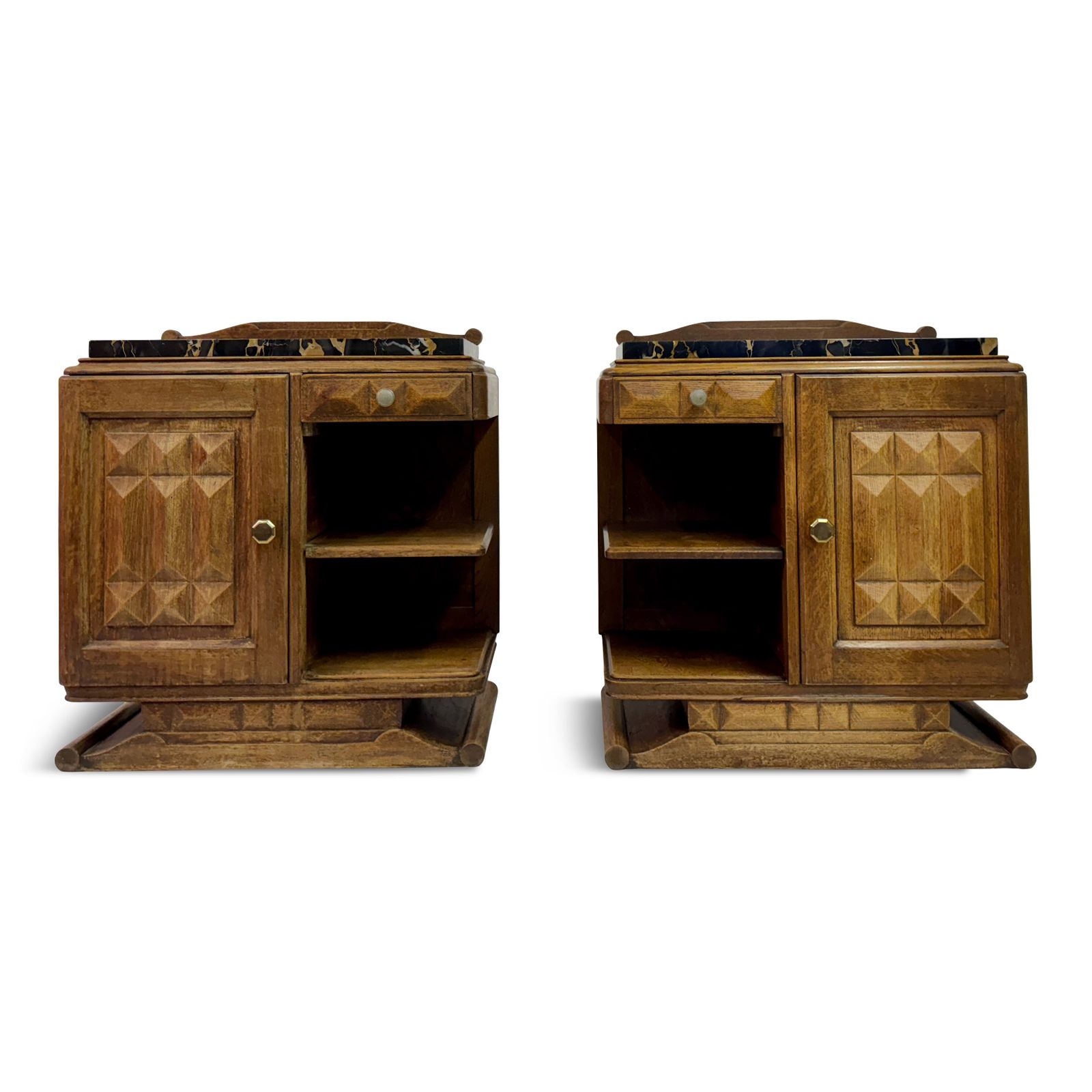 Pair Of French Oak Bedside Cabinets With Portoro Marble Tops