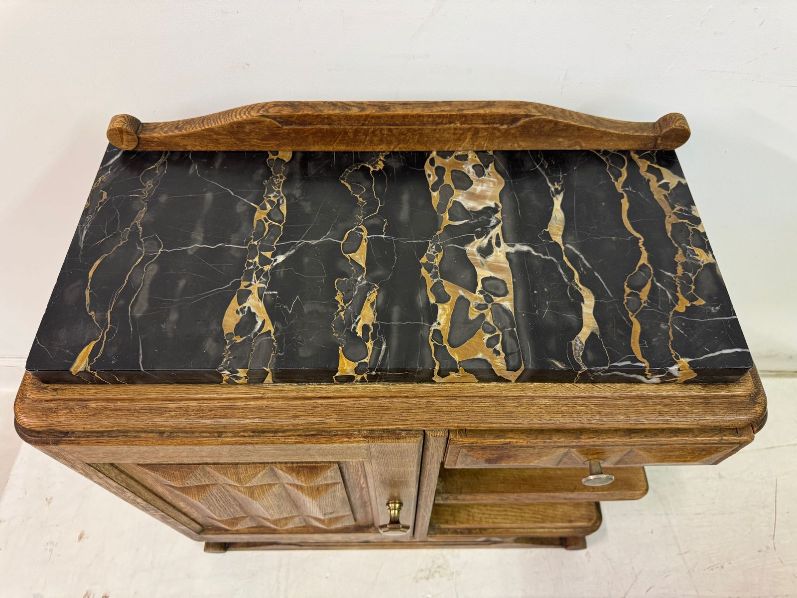 Pair Of French Oak Bedside Cabinets With Portoro Marble Tops photo vinterior