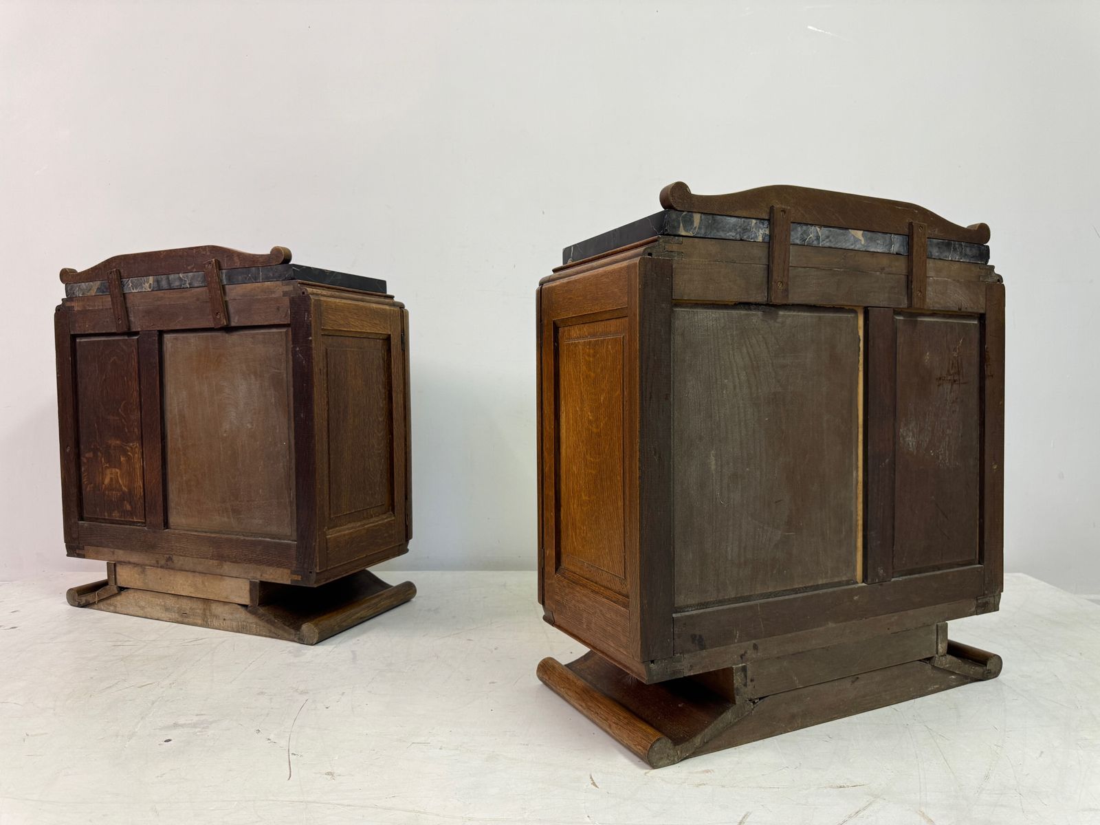 photo buy Pair Of French Oak Bedside Cabinets With Portoro Marble Tops