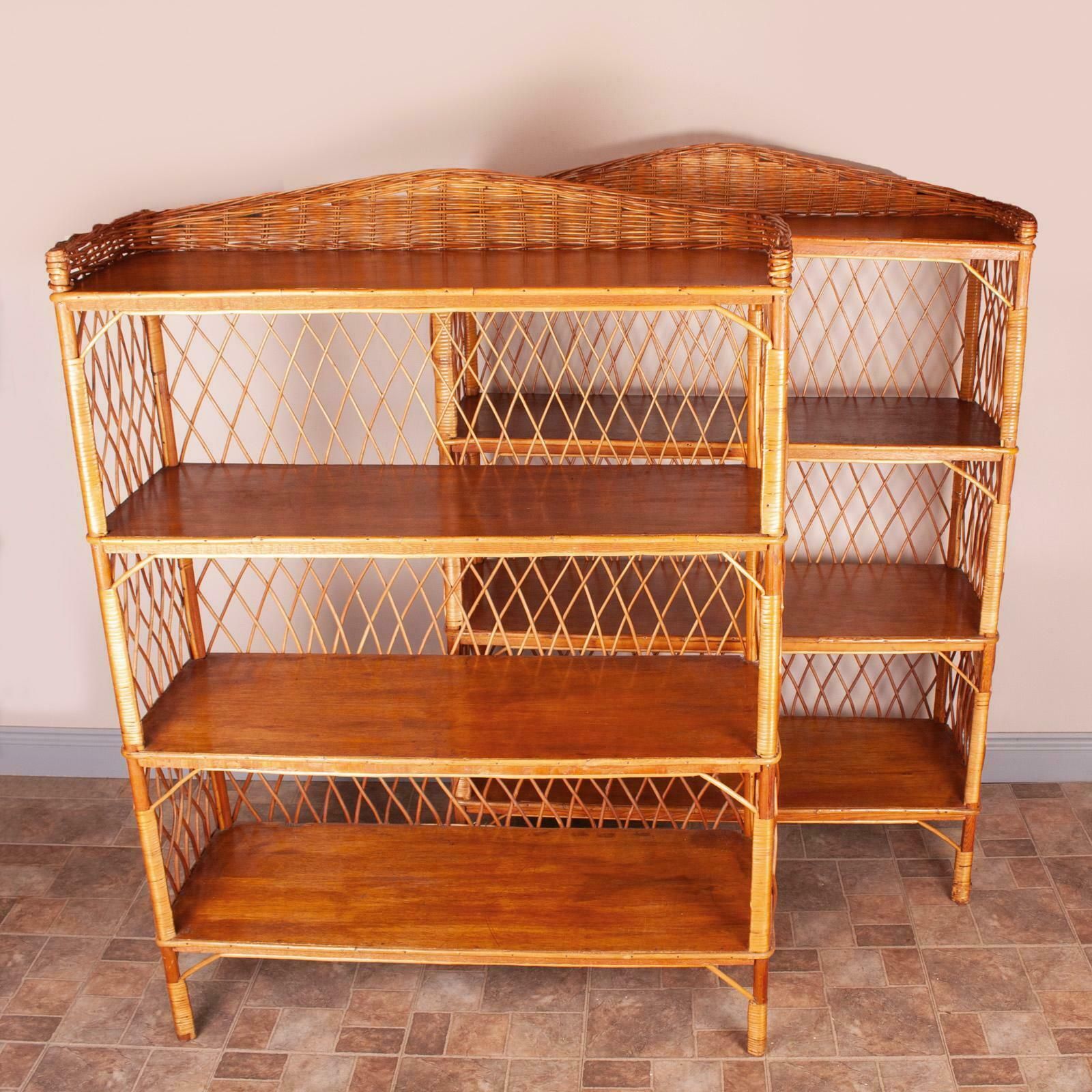 Stylish Pair Of Wicker Rattan Bookcase Shelving Units