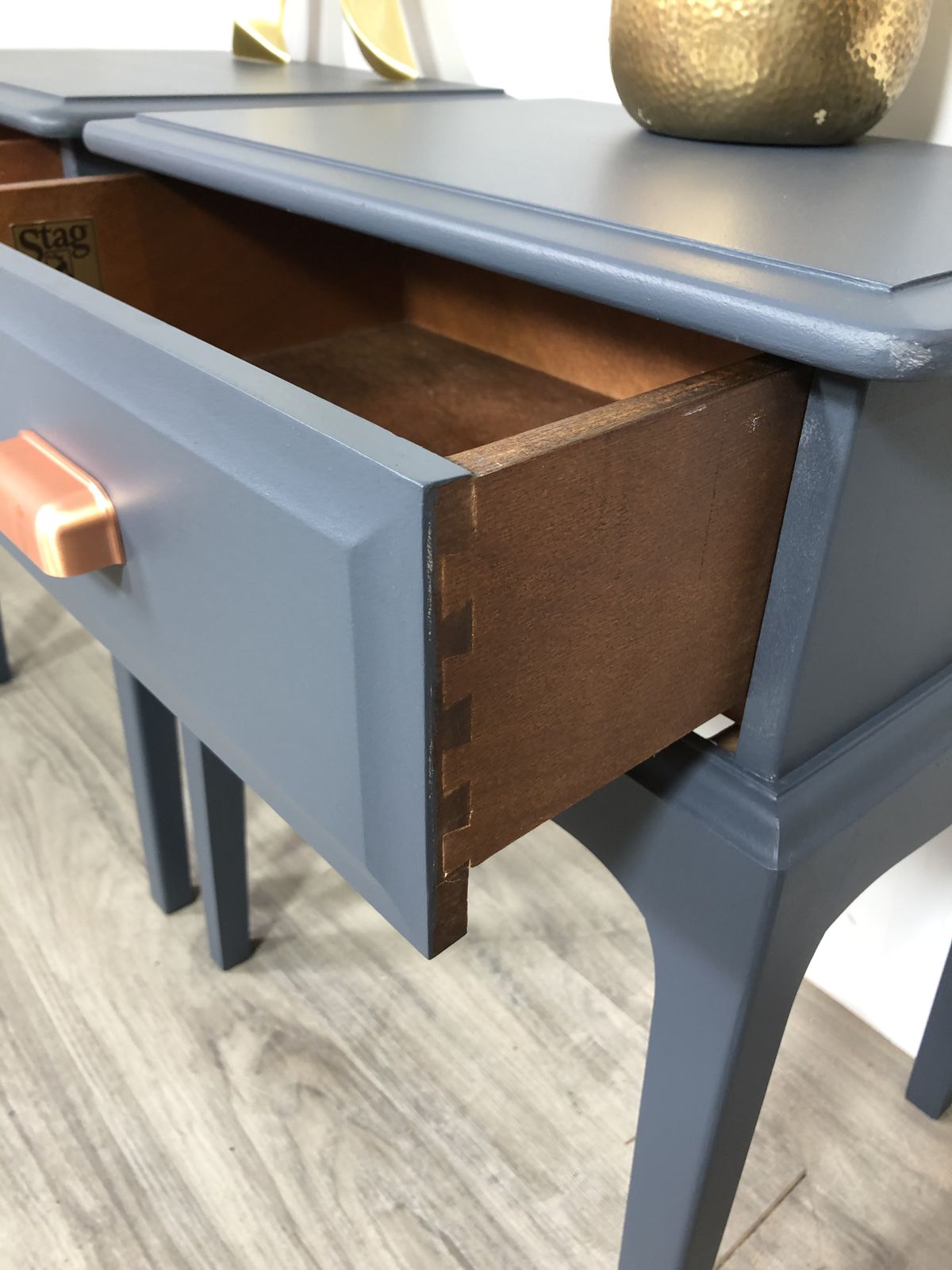 Stag Minstrel ‘Leggy’ Bedside Tables With Drawer Painted Blue photo vinterior