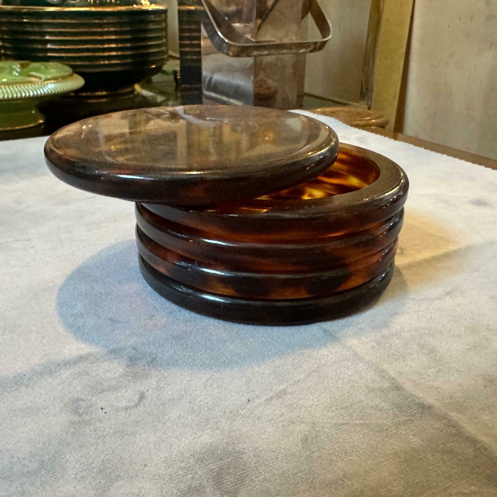 1970s Mid Century Modern Fake Tortoise Shell Lucite Round Jewelry Box photo for sale