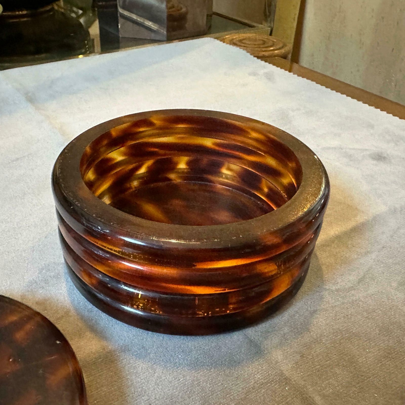1970s Mid Century Modern Fake Tortoise Shell Lucite Round Jewelry Box photo Home Decor