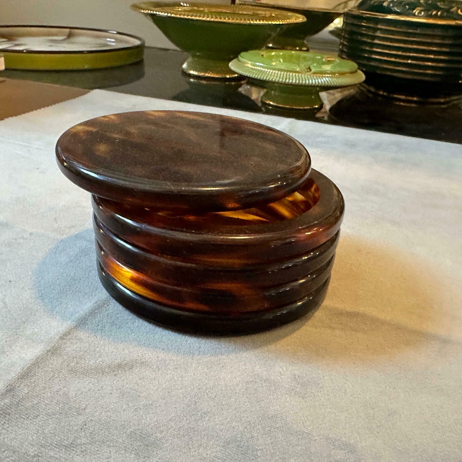 1970s Mid Century Modern Fake Tortoise Shell Lucite Round Jewelry Box photo 327.0