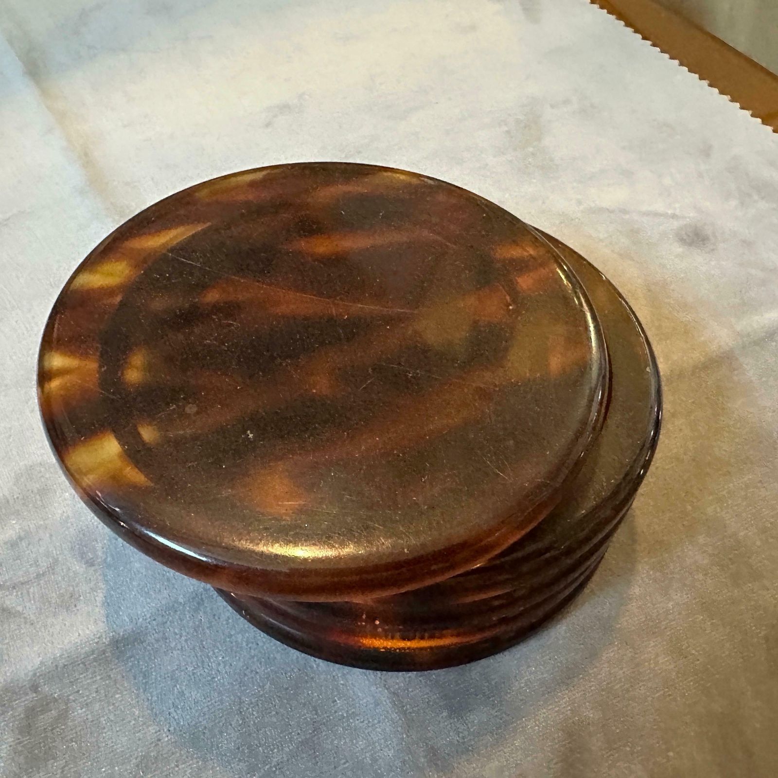 1970s Mid Century Modern Fake Tortoise Shell Lucite Round Jewelry Box photo vinterior