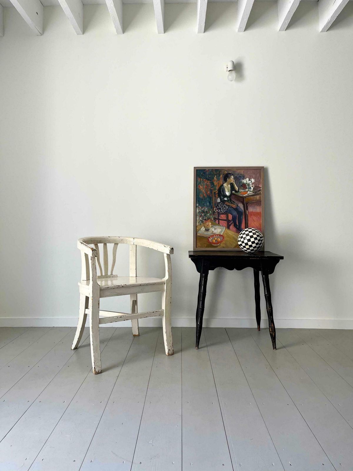 19th Century Swedish Barrel Back Painted Wooden Antique Chair Off White photo for sale