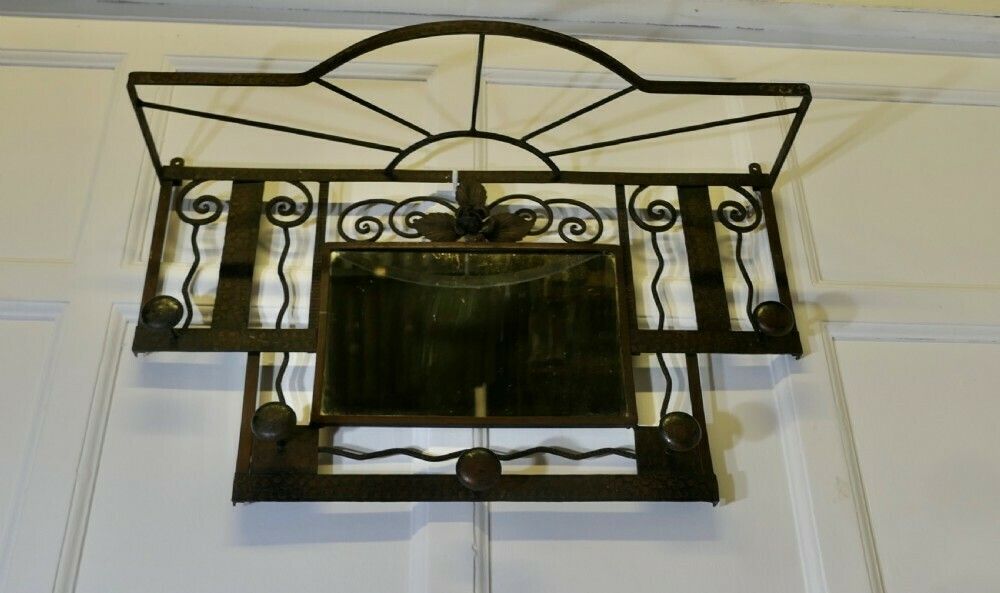 French Art Deco Iron Hat And Coat Rack With Shelf & Mirror, Industrial Style photo furniture