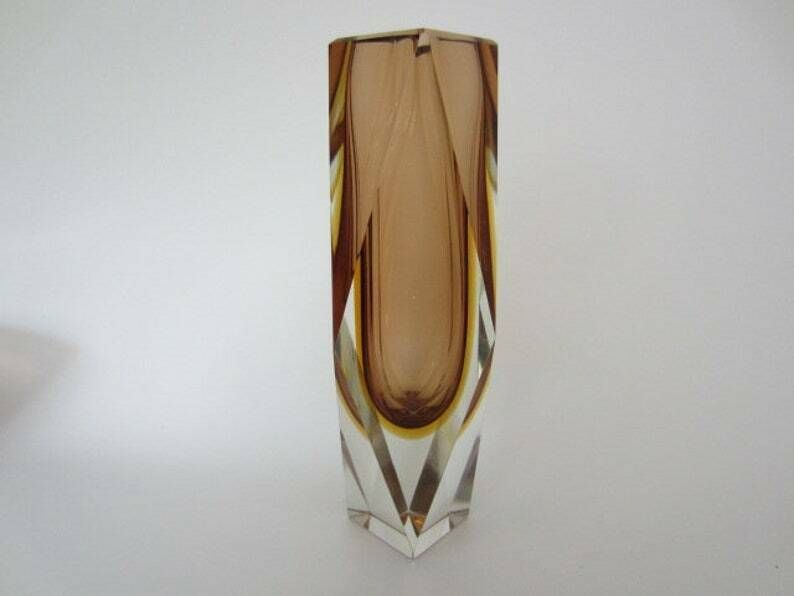 Space Age Mid Century Chocolate And Gold Sommerso Art Glass Faceted Prism Vase photo furniture