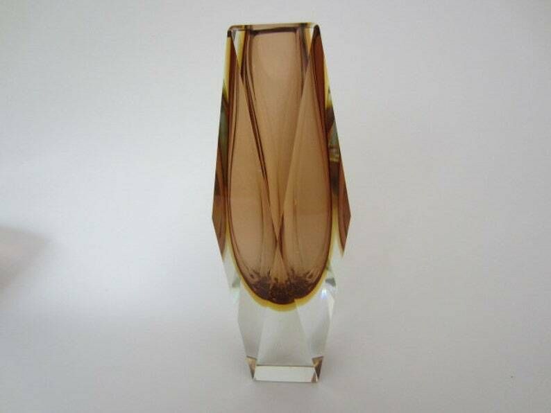 Space Age Mid Century Chocolate And Gold Sommerso Art Glass Faceted Prism Vase photo for sale