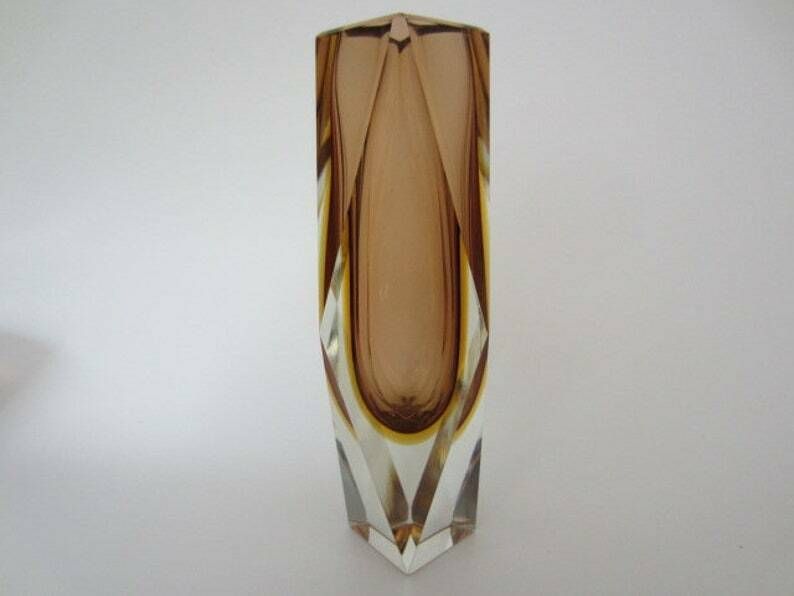 Space Age Mid Century Chocolate And Gold Sommerso Art Glass Faceted Prism Vase photo Home Decor