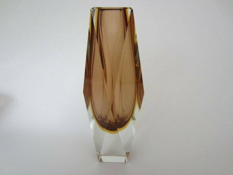 Space Age Mid Century Chocolate And Gold Sommerso Art Glass Faceted Prism Vase photo buy