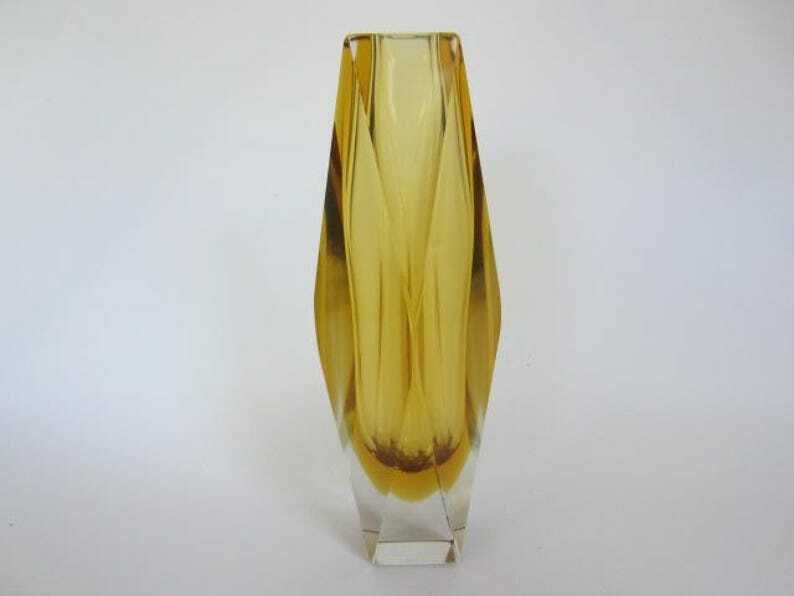 Murano Gold & Amber Sommerso Diamond Faceted Art Glass Vase photo for sale